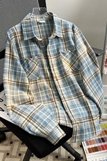 复古蓝格子做旧长袖衬衫男女春秋新款美式衬衣情侣外套CS0149-p33，男装衬衫，星座1008