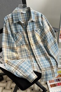 复古蓝格子做旧长袖衬衫男女春秋新款美式衬衣情侣外套CS0149-p33图片
