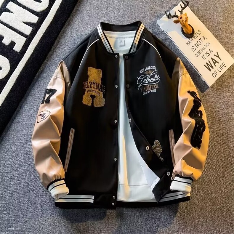 春秋季美式棒球服外套男潮牌复古重磅刺绣pu皮拼接夹克上衣图片