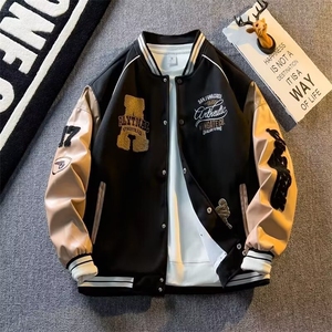 春秋季美式棒球服外套男潮牌复古重磅刺绣pu皮拼接夹克上衣图片