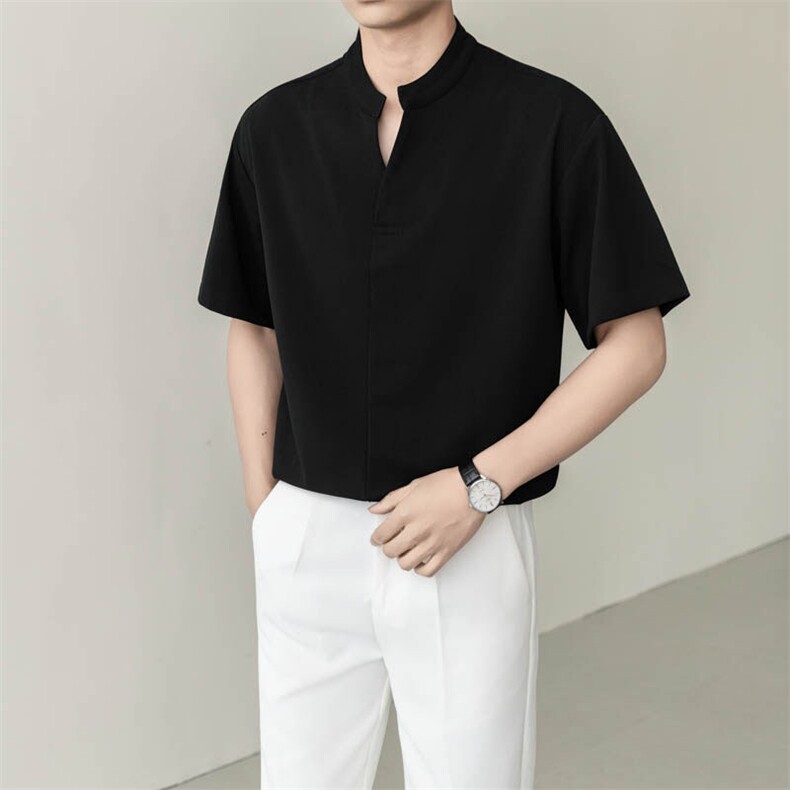 夏男立领纯色衬衫男休闲宽松休闲衬衣轻熟风A236-82599-P55,男装衬衫,电商A236