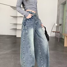 美式复古水洗宽松直筒牛仔裤男高街潮牌cleanfit弯刀阔腿休闲长裤，男装牛仔裤，星座506A