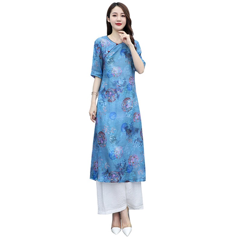 芷墨夏装新款时尚印花复古蓝色单上衣,女装蕾丝衫/雪纺衫,天丽