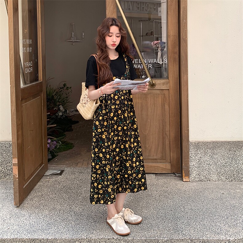 黄色碎花拼接假两件套连衣裙女夏2025新款拼接学院风休闲爆款流行,女装连衣裙,2C285