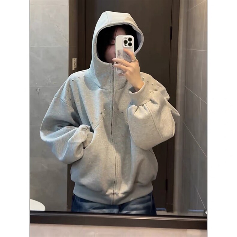 抖音得物高品质二开26春装美式高街铆钉拼接纯色开衫卫衣外套W122图片