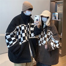 情侣装冬装反光拼接棋盘格加厚羊羔毛情侣棉衣外套G1029P118女，男装棉衣，电商A339