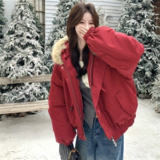 大毛领红色棉服女2025冬季新款韩版宽松棉衣2C206-L658-P235-K358，女装棉衣/棉服，2C206