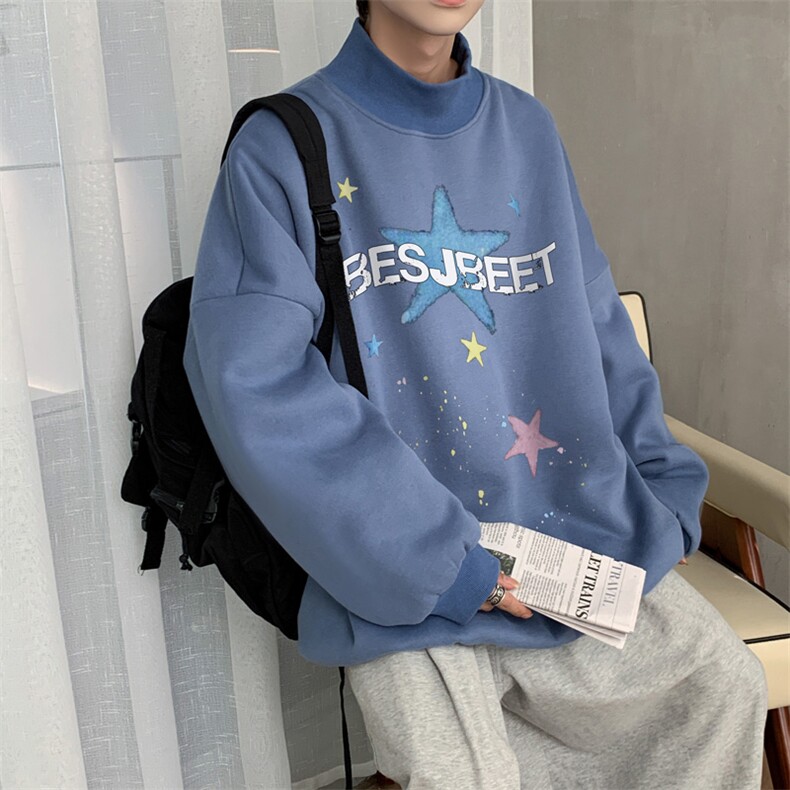加绒加厚高领卫衣星星印花落肩袖情侣款打底衫男XZ514-2-G88-P48,男装T恤,星座514-2(原B239)