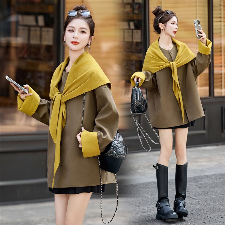 现货。现货。现货2025年秋季短外套休闲披肩围巾新款短风衣，女装短外套，艾仟回(原伊仟回)