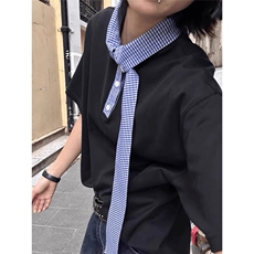 黑色领口格子拼接短袖女夏季正肩t恤美式情侣半袖KTX24，男装T恤，星座208-5