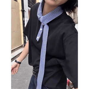 黑色领口格子拼接短袖女夏季正肩t恤美式情侣半袖KTX24图片