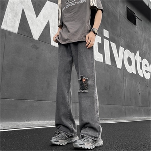 水洗高街破洞牛仔裤春秋vibe设计感休闲裤男长裤N0714-P45图片
