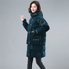 亮面棉袄外套印花棉服女中长款2021年冬装新款中年妈妈装加厚棉衣，女装棉衣/棉服，伊满意