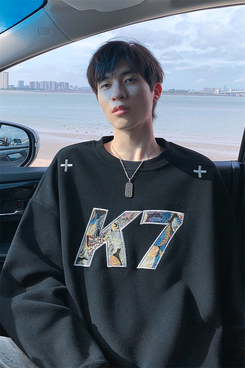 特批P38无差价美式K7字母贴布刺绣420g重磅华棉大码卫衣男W5426,男装卫衣,电商A001-1