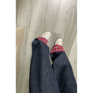 【网图有货】美式格子拼接卷边牛仔裤男女阔腿裤子NZ011CC-特P48图片