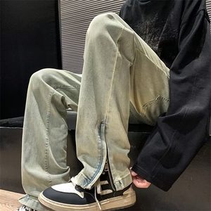 美式拉链开叉牛仔裤男潮牌街头黄泥直筒裤宽松长裤子8826-p45图片