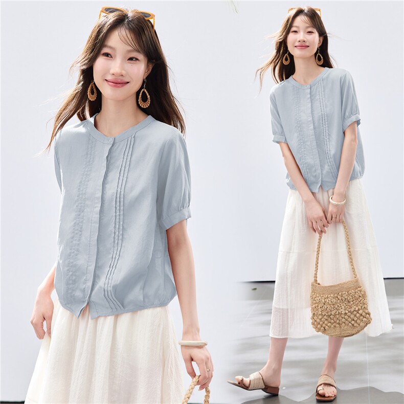现货20262026夏装新款透气亲肤前片打条时尚舒适女士衬衣,女装衬衫,木子恋