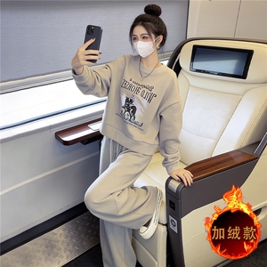 潮流时尚百搭套装女冬新款时髦显瘦圆领印花长袖卫衣阔腿裤两件套图片