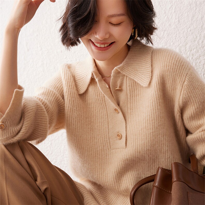 2024秋季新款七针元宝针POLO领长袖35%羊绒衫复古休闲,女装羊绒衫,雪真羊绒高端店
