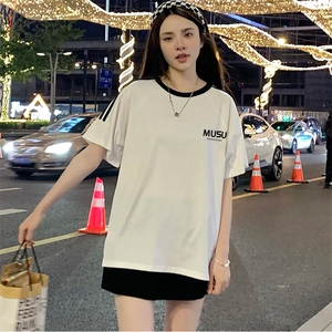 200克宽松圆领三条杠短袖T恤棉情侣团队服班服定制潮男女V4图片