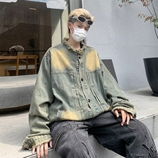 黄泥染复古做旧牛仔外套男春秋新款梵文设计情侣工装夹克2214/P65，男装工装外套，星座506