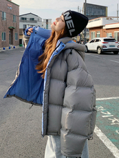 休闲灰色连帽短款泡芙羽绒服女冬超火好看高级小众加厚面包服外套，女装羽绒服，浙宝285（原212）