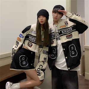 潮复古可拆卸黑色夹克男女棒球服上衣学院风机车服 W5504-P62图片