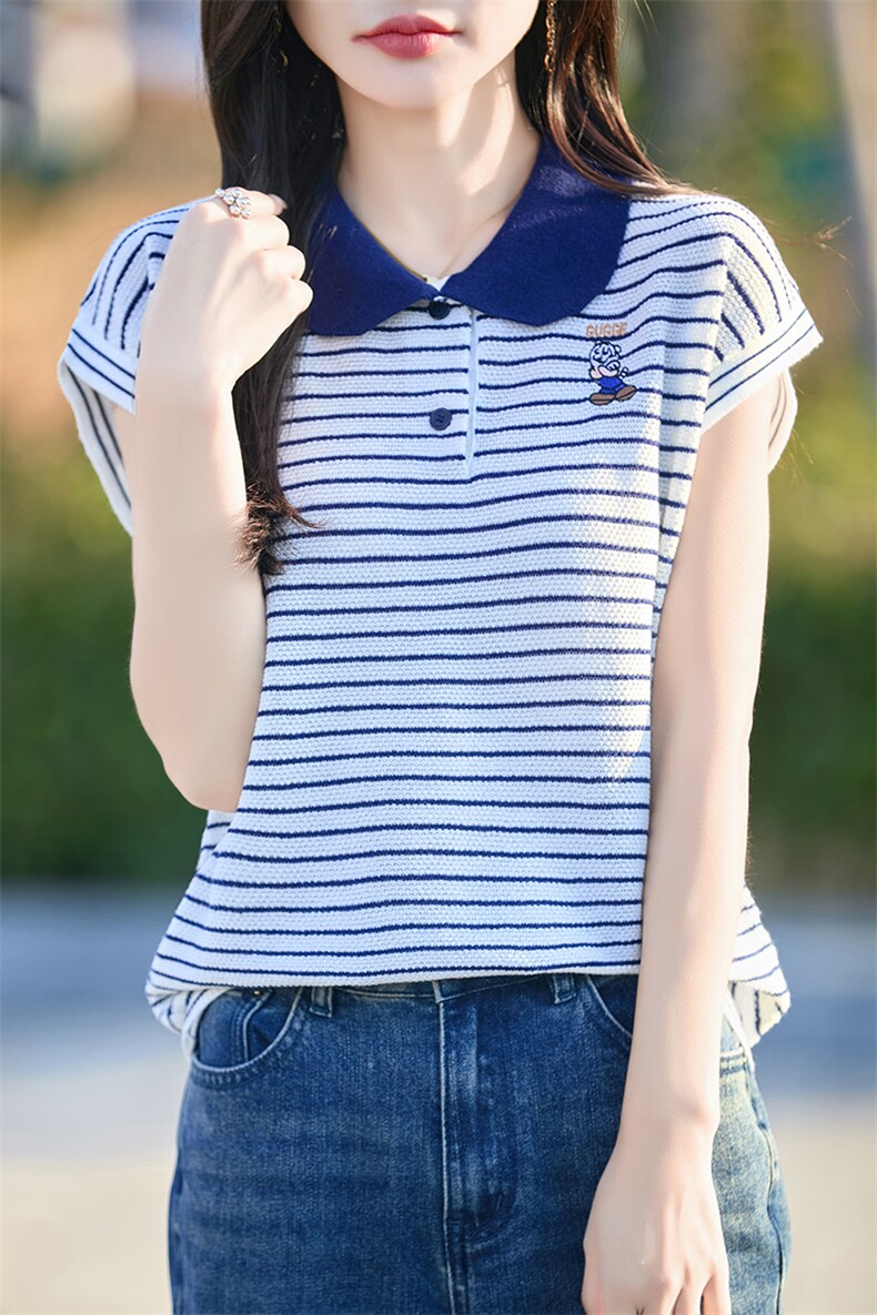 夏季新款精纺羊毛针织短袖女POLO领T恤宽松显瘦条纹撞色打底衫女,女装T恤,端硕羊绒
