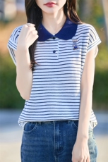 夏季新款精纺羊毛针织短袖女POLO领T恤宽松显瘦条纹撞色打底衫女，女装T恤，端硕羊绒
