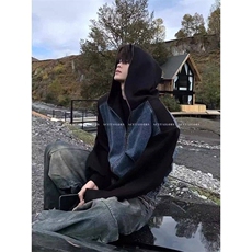 1506/QS1650/P103美式垫肩牛仔拼接卫衣短款感痞帅连帽上衣夹克，男装夹克，星座1506