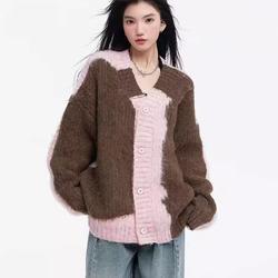 网络图现货 复古潮牌高街慵懒风休闲拼色毛衣v领外套JMY9210-P50图片