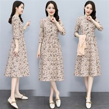 2022春装时尚简约大气优雅收腰显瘦休闲修身百搭棉麻连衣裙2207-1，女装连衣裙，欣贝拉