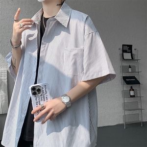 8XL-M 条纹短袖衬衫男夏季宽松慵懒风痞帅大码衬衣外套DC28001P40图片