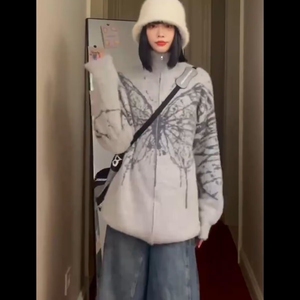 美式复古蝴蝶提花拉链开衫毛衣男女冬季潮牌街头慵懒宽松针织外套图片
