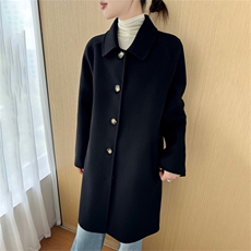 2025年秋季新款百搭女士长袖POLO领单排扣中长款大衣，女装双面呢大衣，鹿展羊绒大衣
