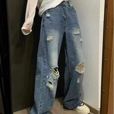 美式夏季破洞牛仔裤男女破坏宽松水洗直筒阔腿裤拖地长裤XK1116，男装牛仔裤，星座208-5