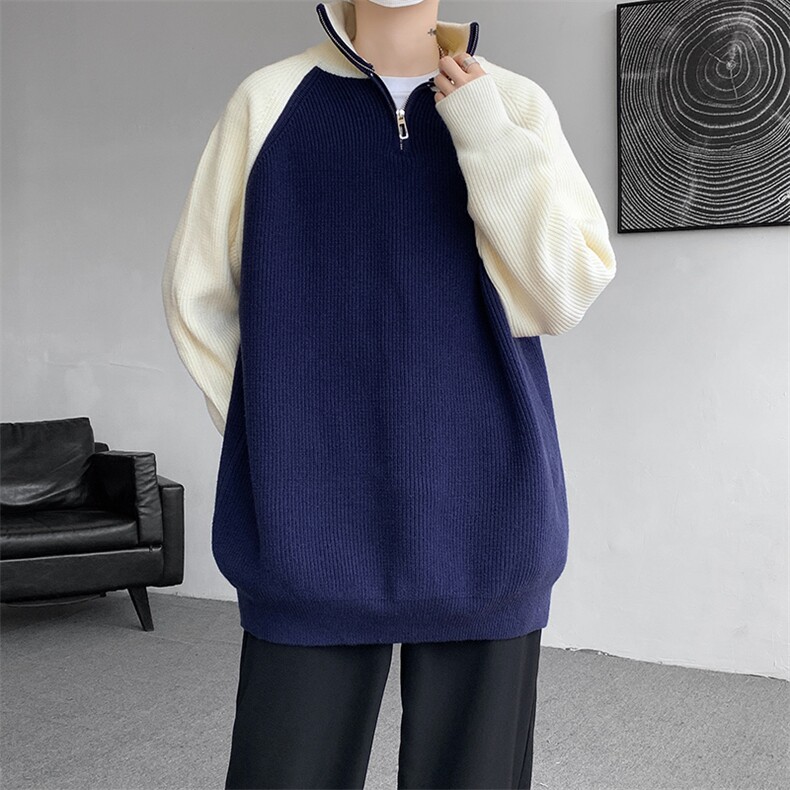 8XL-M半拉链立领毛衣外套男针织衫慵懒拼接插肩袖线衣MY19001P78,男装针织衫/毛衣,电商B312