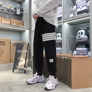 K2052-P45加绒P50宽松中性男女休闲束脚卫裤四条杠情侣运动长裤图片