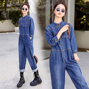 时尚显瘦牛仔连体裤女宽松高腰长袖休闲工装裤百搭气质外套春装新款，女装连体裤，秋水欣儿