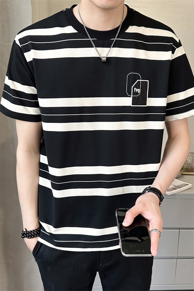 夏季男士圆领条纹短袖T恤店主风休闲宽松t恤黑B338-T811-P38,男装T恤,电商B338