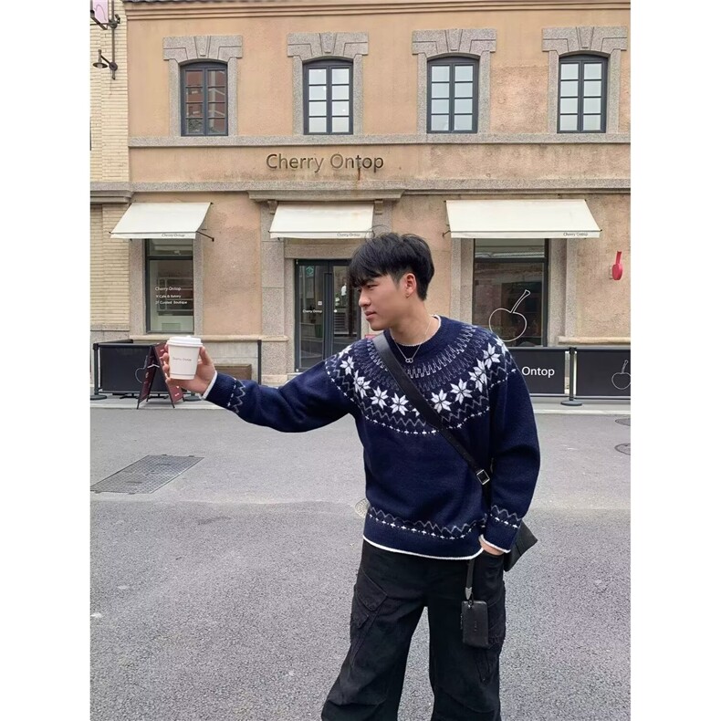 M447-P53美式高街潮牌提花费尔岛情侣男女毛衣中性风秋冬季,男装针织衫/毛衣,电商B323A