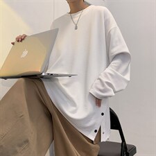 T3088/P25春装圆领青春排扣开叉长袖排口T恤男打底衫宽松大码,男装T恤,电商A141