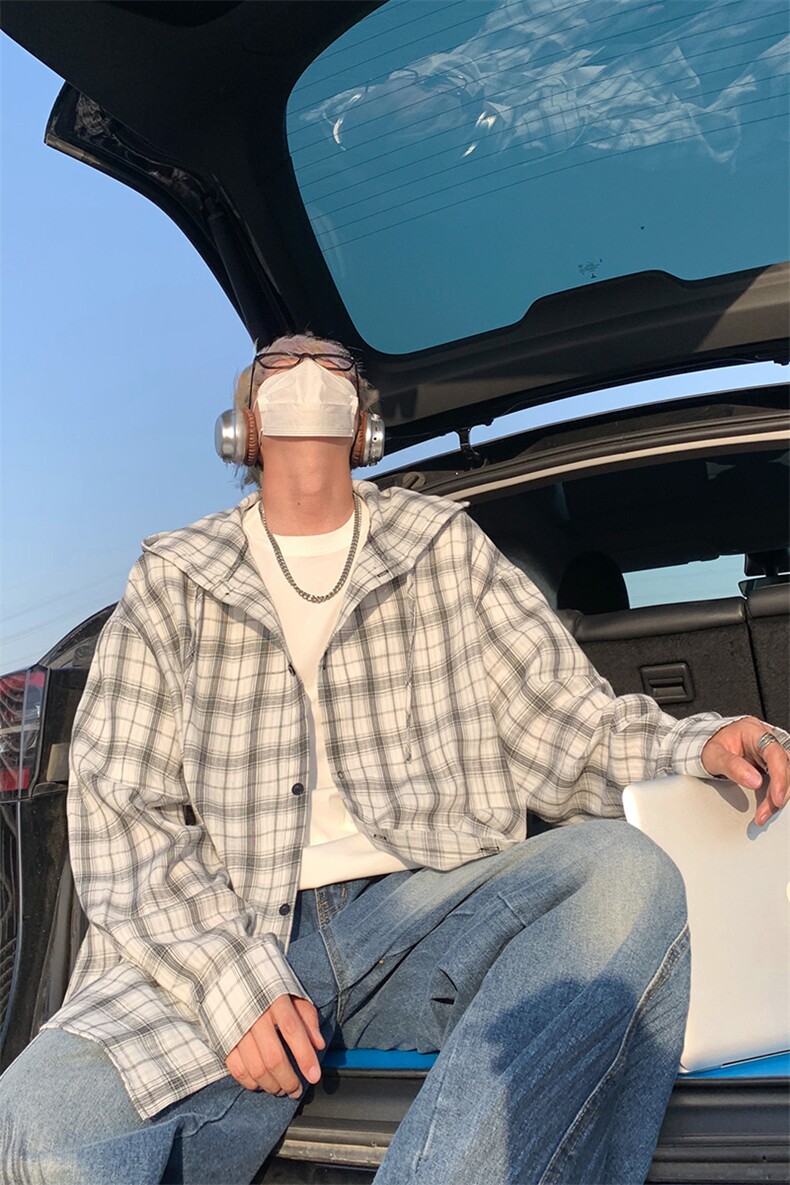连帽格子长袖衬衫男女宽松衬衣防晒外套美式复古C2238-特价P33,男装防晒衣,电商A007