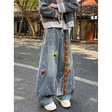 刺绣设计感牛仔裤男女秋冬季宽松直筒休闲阔腿裤带腰带LA66-P55，男装牛仔裤，星座1008