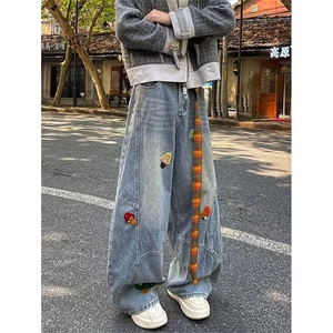 刺绣设计感牛仔裤男女秋冬季宽松直筒休闲阔腿裤 带腰带LA66-P55图片