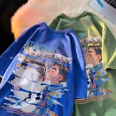 潮牌宽松短袖t恤蜡染美式复古高街水洗做旧517A-2-SX290-P38，男装T恤，星座517A-2