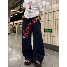 复古双腰头字母印花运动卫裤男女慵懒宽松阔腿休闲裤KB3091，男装休闲裤，星座1116A（原606A-3）