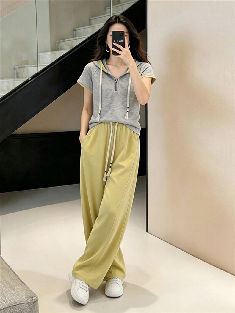 女夏季高级感休闲运动套装撞色拼接抽绳连帽短袖卫衣阔腿裤两件套,女装套装/套裙,江南