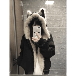 现货重磅硬挺boxy羽绒棉衣座山雕猫耳大毛毛领麂皮棉服冬外套图片