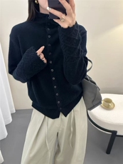 2025年秋季时尚百搭通勤简约休闲重工领口袖口钩花半高领，女装针织衫/毛衣，九嘉羊绒